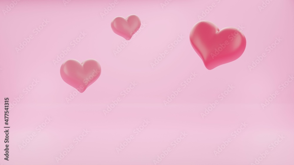 lovely 3 hearts floating on pink background for Valentine's day. 3d hearts rendering background, 3d heart on pink background, lovely 3d Valentine's postcard design, cute pink Valentines wallpaper. 