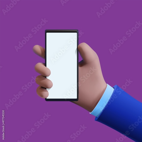 3d cartoon hand holding a smartphone, plasticine style
