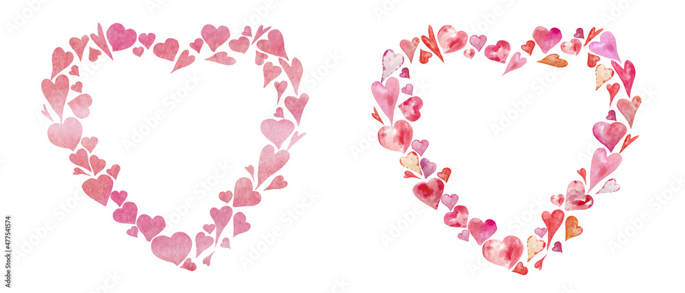 Watercolor two Happy Valentines Day red and pink hearts frame on white Watercolor two Happy Valentines Day red and pink hearts frame on white