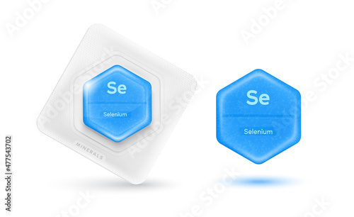 Pills capsules blue essential chemical selenium minerals or Dietary element. Vitamin complex food sources for human body needs them to grow and stay healthy. Realistic 3D vector Illustration.