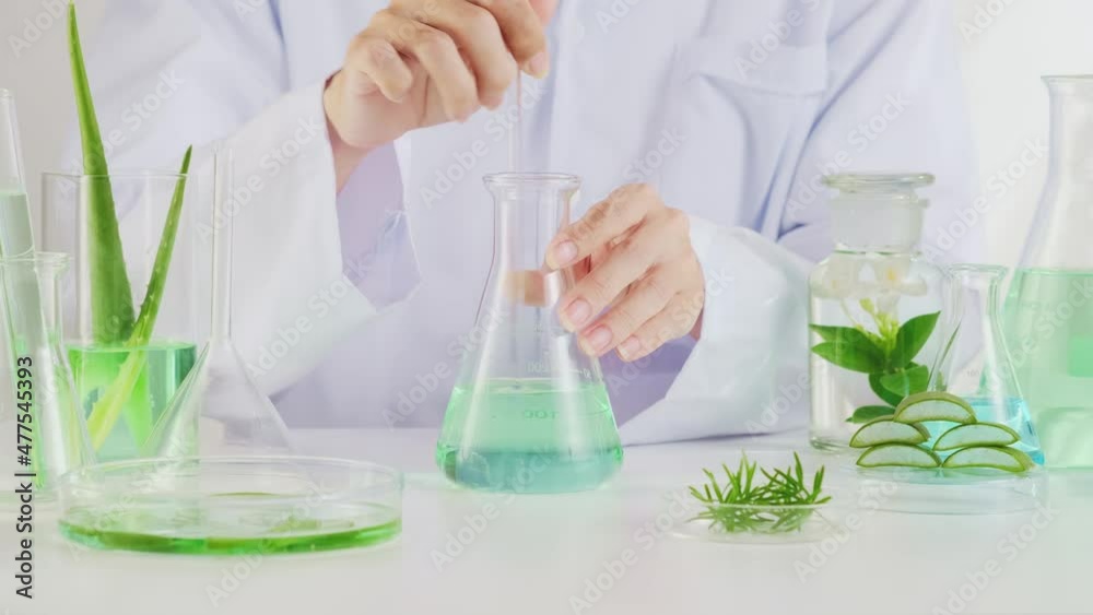 Video clip of scientic doing research on aloe vera in petri dish beaker test-tube with white background in laboratory Video clip of scientic doing research on aloe vera in petri dish beaker test-tube with white background in laboratory