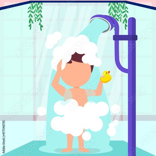 A child is taking a bath while soaping in a bathroom. Vector colorful illustration. Bath activity.