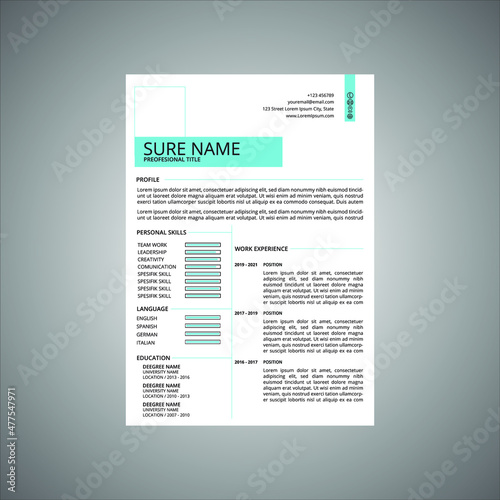 Resume designs can be filled with photos, white backgrounds and blue lines that are detailed and modern. This resume will provide more value in applying for jobs. with adjustable size
