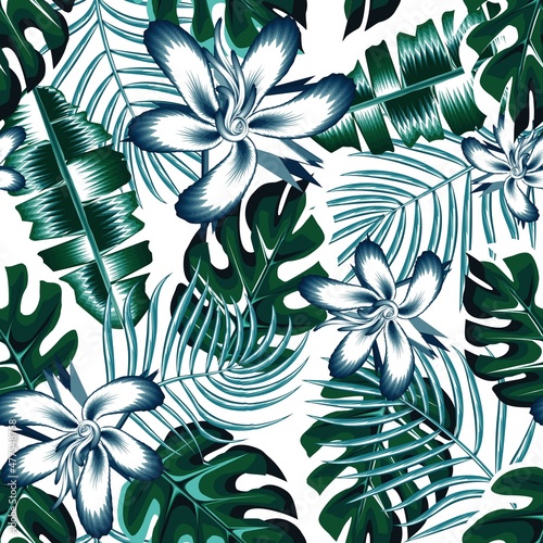 tropical foliage seamless background with banana palm leaves and abstract hibiscus flower plant on white background. nature wallpaper. blue monochromatic. spring. autumn. floral background. fall. art