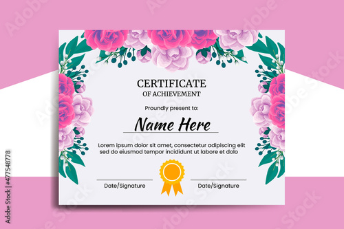 Certificate Template Rose with Camellia flower watercolor Digital hand drawn