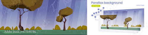 Autumn landscape with orange trees and bushes in rain. Vector parallax background for 2d animation with cartoon illustration of thunderstorm with lightning and falling water drops