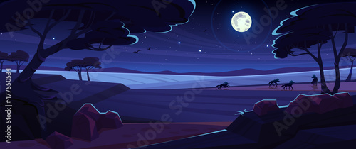 Night savannah landscape, natural african background with hyenas pack silhouettes run through field with trees under dark starry sky with full moon shining, game scene, Cartoon vector illustration