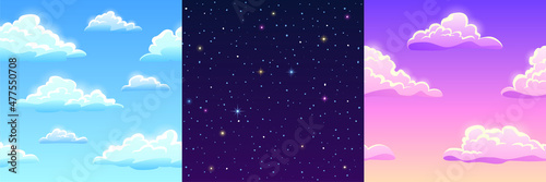 Game textures of clouds and stars, seamless patterns. Cartoon backgrounds of blue, pink and starry sky. Graphic ui or gui vector layers of space, day or morning fluffy spindrift or cumulus eddies