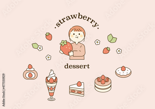 Cute character holding strawberry and strawberry dessert. outline simple vector illustration.