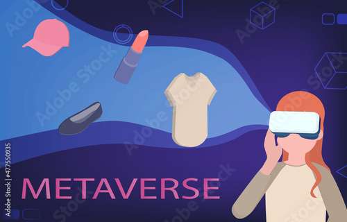Virtual shopping in metaverse. Customer wears VR glasses to experience 3D products on a smartphone metaverse screen device. Futuristic vector illustration.