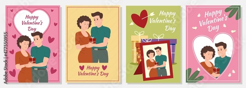 Happy Valentine's Day set of cards, posters, postcards with the image of a happy romantic couple in love in A4 format.