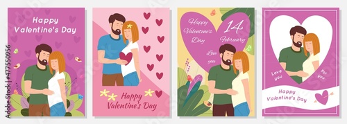 Happy Valentine's Day set of cards, posters, postcards with the image of a happy romantic couple in love in A4 format.