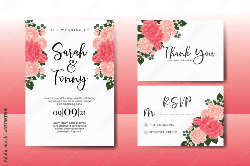 Wedding invitation frame set, floral watercolor Digital hand drawn Dahlia Flower design Invitation Card Template