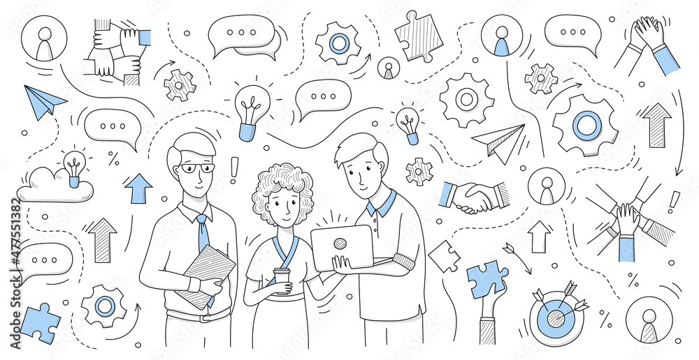 Teamwork background with people work together. Vector doodle illustration of team job, woman, men with laptop and symbols of gear, light bulb, handshake, puzzle and arrows Teamwork background with people work together. Vector doodle illustration of team job, woman, men with laptop and symbols of gear, light bulb, handshake, puzzle and arrows