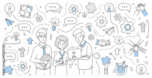 Teamwork background with people work together. Vector doodle illustration of team job, woman, men with laptop and symbols of gear, light bulb, handshake, puzzle and arrows