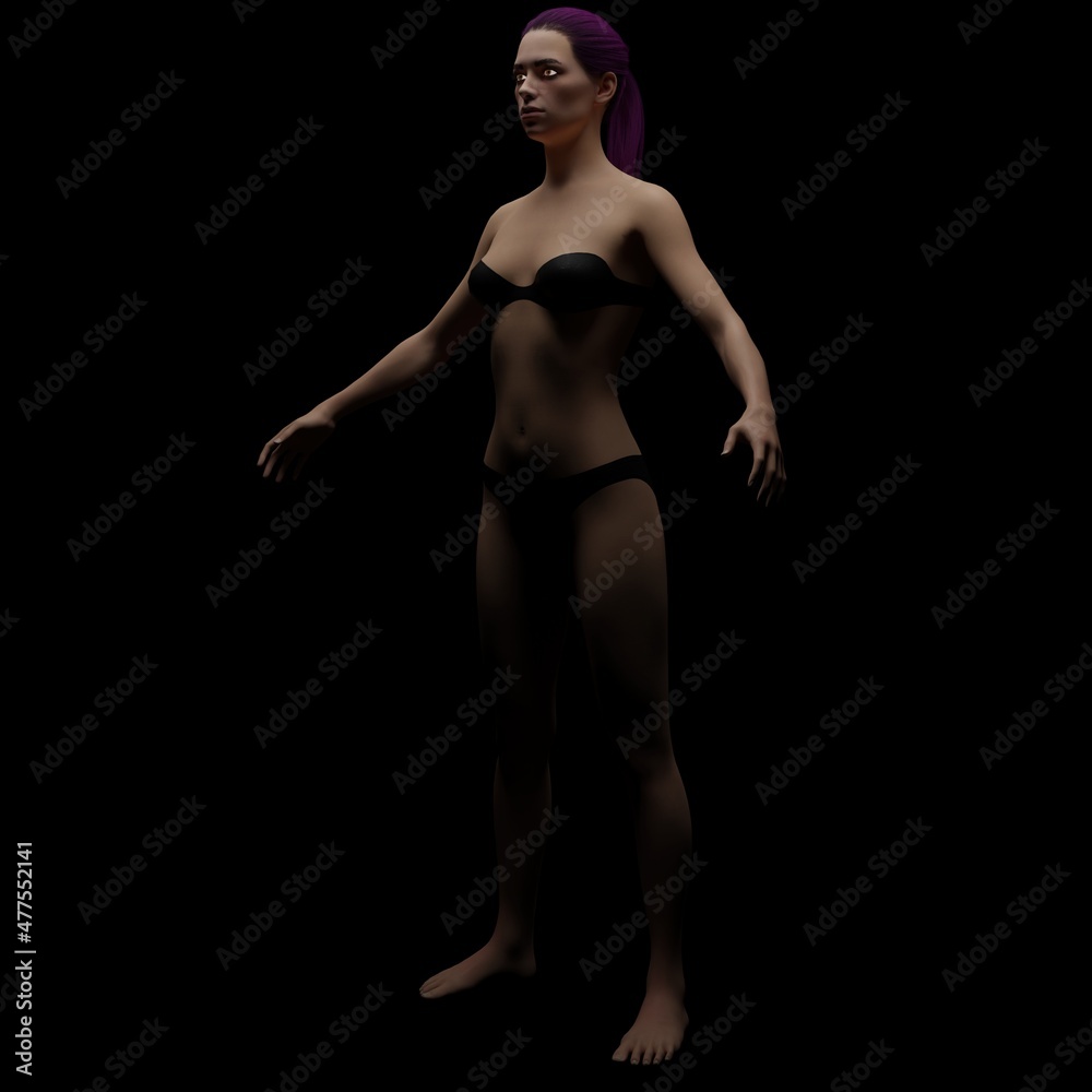 ​​revealed skinny body of a woman in lingerie and purple dreadlocks, 3D illustration on a dark background. ​​revealed skinny body of a woman in lingerie and purple dreadlocks, 3D illustration on a dark background.