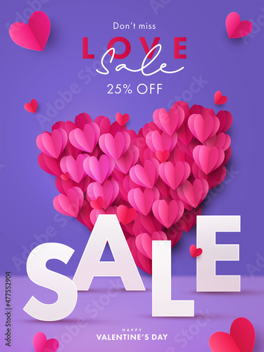 Happy Valentine's Day Sale poster. Romantic creative design with big heart made of pink red realistic 3d Origami Hearts on trendy violet background. Festive advertisement promo template
