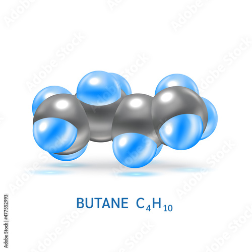 Butane gas (C4H10) molecule models and Physical chemical formulas. Natural gas combustible gaseous fuel. Ecology and biochemistry science concept. Isolated on white background. 3D Vector Illustration.