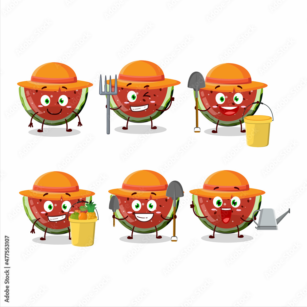 Farmer watermelon gummy candy cute mascot character with fork Farmer watermelon gummy candy cute mascot character with fork