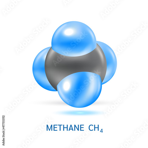 Methane gas (CH4) molecule models and Physical chemical formulas. Natural gas combustible gaseous fuel. Ecology and biochemistry science concept. Isolated on white background. 3D Vector Illustration.