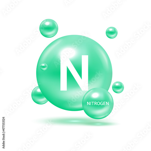Nitrogen molecule models green and chemical formulas scientific element. Natural gas. Ecology and biochemistry concept. Isolated spheres on white background. 3D Vector Illustration.