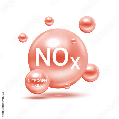 Nitrogen oxide NOx molecule models red and chemical formulas scientific. Ecology and biochemistry concept. Air pollution emissions contamination with industrial pipes. Isolated spheres 3D Vector.