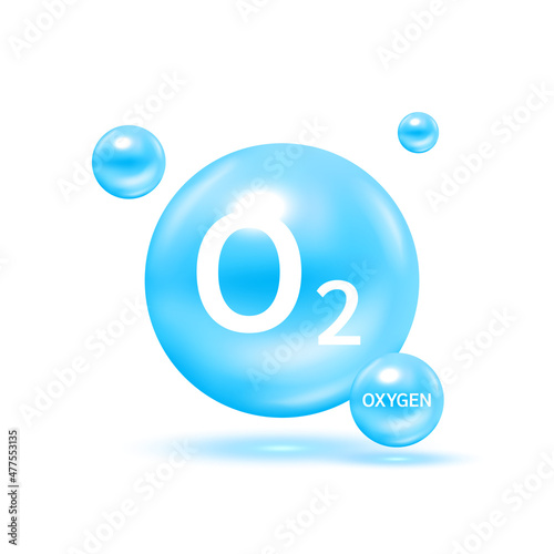 Oxygen O2 molecule models blue and chemical formulas. Natural gas. For decoration oxygen cosmetics. Ecology and biochemistry concept. on white background. 3D Vector Illustration. photo