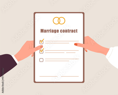 Marriage contract. Woman and man hands holding prenuptial agreement document. Prenup wedding certificate. Couple divorce concept. Top-down view. Vector illustration in flat cartoon style.