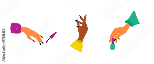 Fototapeta Naklejka Na Ścianę i Meble -  Manicure and pedicure concept. Elegant female hands. Beauty logo for nail studio or spa salon. Vector Illustration in flat cartoon style.