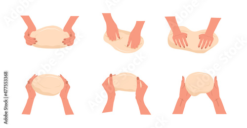 Kneading dough hands. Woman prepares homemade baking or pasta. Top view. Cooking school. Stay home and cook healthy food by recipe. Vector illustration in flat cartoon style.