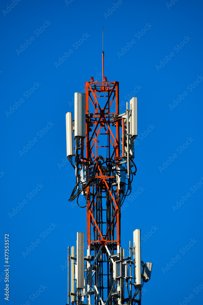 Telecommunication tower of 4G and 5G cellular. Antenna transmission communication. Cell phone signal base station. Telecommunication tower of 4G and 5G cellular. Antenna transmission communication. Cell phone signal base station.