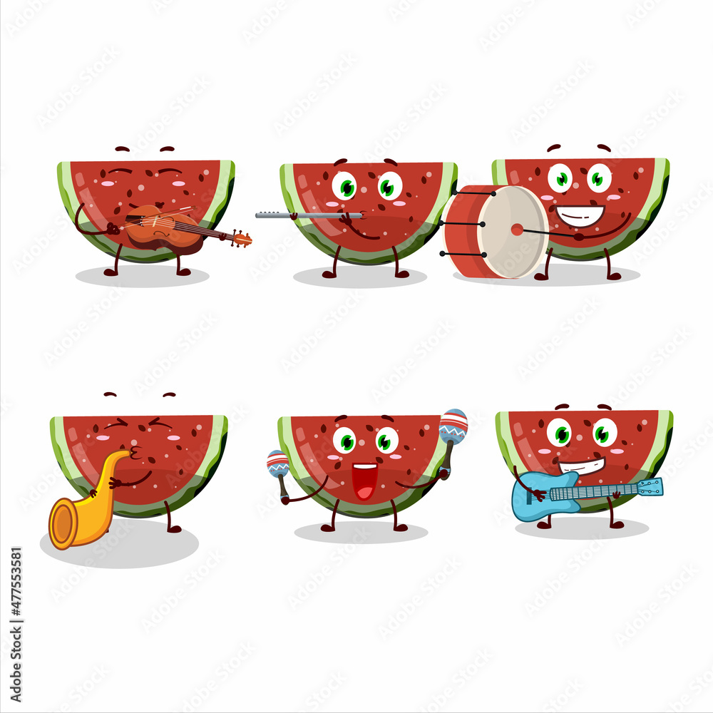 Cartoon character of watermelon gummy candy playing some musical instruments
