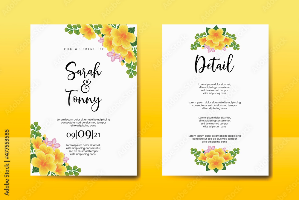 Wedding invitation frame set, floral watercolor Digital hand drawn Yellow Hibiscus flower design Invitation Card Template