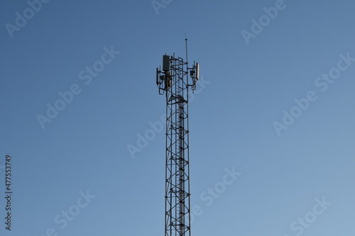Telecommunication tower of 4G and 5G cellular. Antenna transmission communication. Cell phone signal base station.