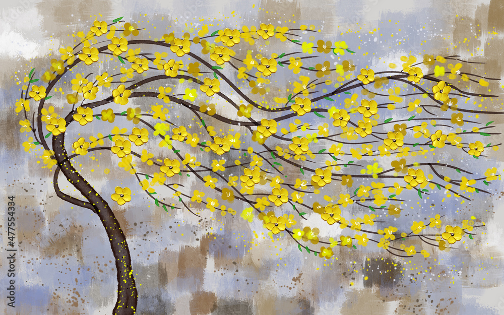 3d illustration of a thin tree curved in the wind with yellow flowers on a dark spotted grunge background - obrazy, fototapety, plakaty 
