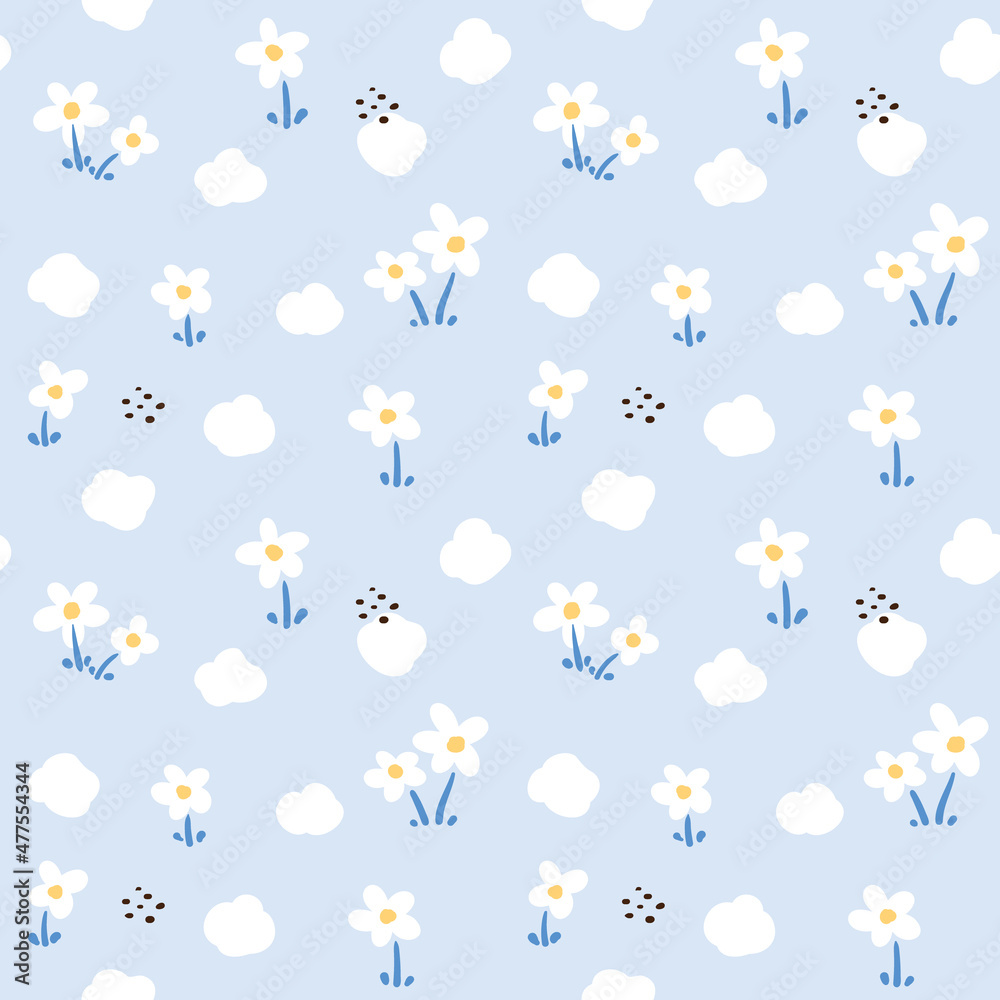 Seamless Pattern with Flower Art Design on Light Blue Background