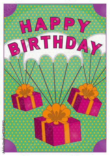 Festive card Happy Birthday with gifts flying on parachutes