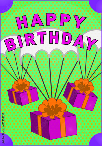 Festive bright multicolored card Happy Birthday with a picture of gifts for congratulations and happy wishes