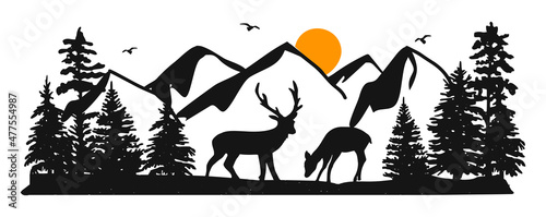 silhouette of deer on the background of mountains and forest vector. mountain landscape vector silhouette. forest landscape with mountains and wild animals. Vector graphics. eps