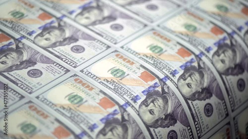 One hundred dollar bill printing money concept. 100 dollar banknote. 4k high quality ungraded footage