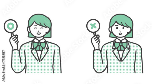 まるとばつの札を持つ学生の女の子のイラスト素材