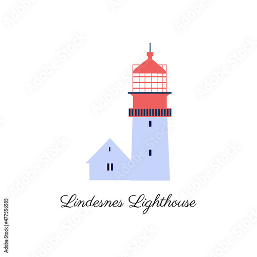 Norway travel cartoon vector norwegian landmark, Lighthouse isolated on white, travel nordic becon, Scandinavian decorative sign flat tower, urban landscape for design european building