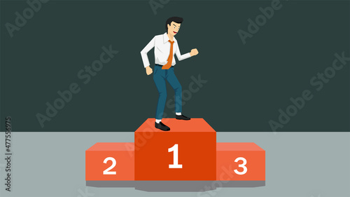 Businessman standing on the podium for award Number one show joy and success. With background darktone gray color.