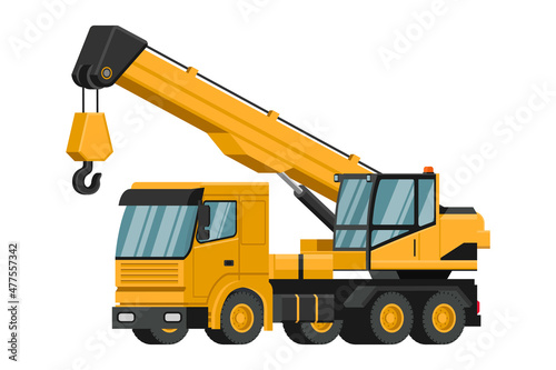 Yellow truck crane 3d heavy machinery on white background