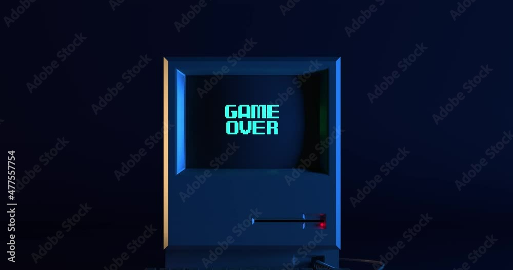 4k Resolution Video: Retro Vintage Desktop Computer with Keyboard, Mouse and Blinking Arcade Game Over Sign 
