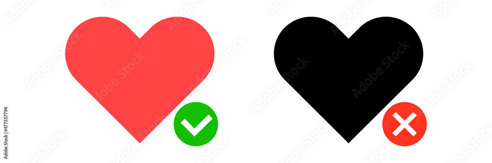 © illust_monster - A set of heart mark icons with a check mark and a heart mark with a cross mark. Vectors.
