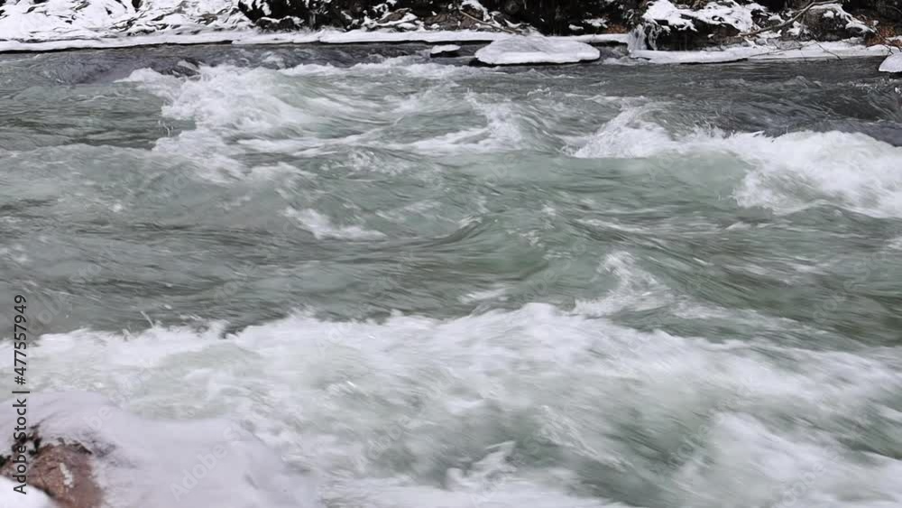 A clean and fast mountain river flows, spring and thaw, winter and snow still lies A clean and fast mountain river flows, spring and thaw, winter and snow still lies