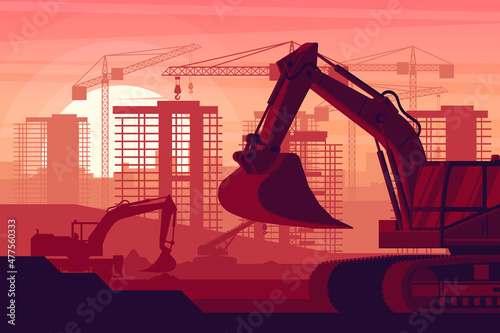 Sunset background with heavy machinery and city under construction with excavator, wheel excavator, concrete truck and telescopic crane