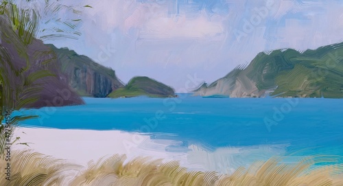 Ocean view. Wide brush painting. Hot summer. Tropical island. Digital art. Pacific atoll. 2d illustration. Blue water. © Jakub