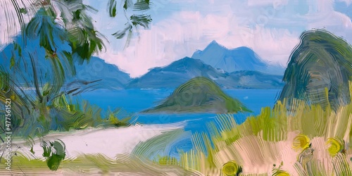 Fototapeta Ocean view. Wide brush painting. Hot summer. Tropical island. Digital art. Pacific atoll. 2d illustration. Blue water.